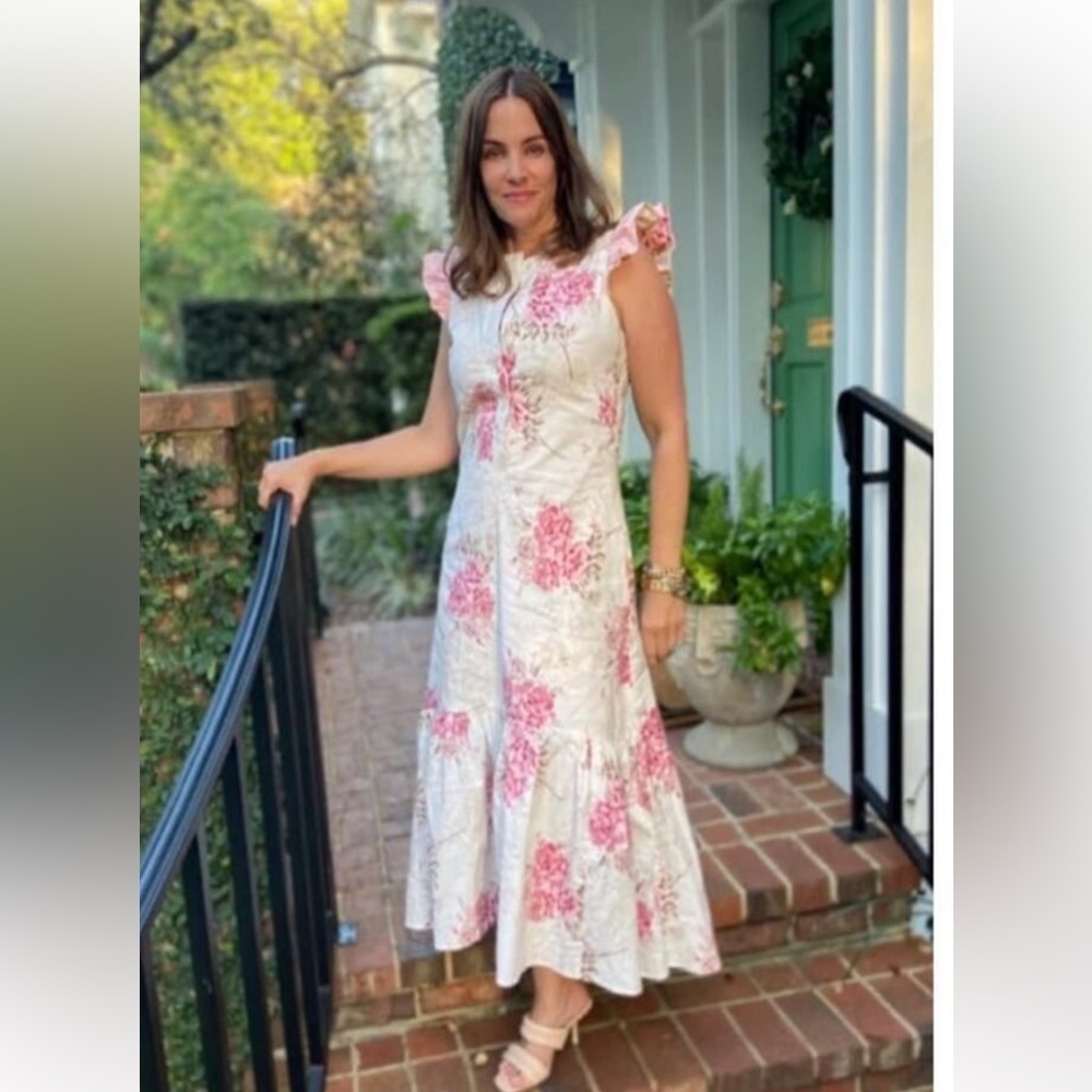 Buru x Megan Stokes Medium Floral Pink Midi Maxi Dress Ruffle Sleeves
